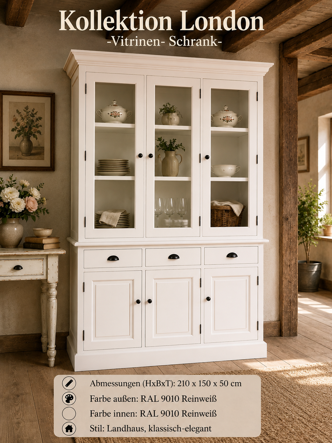 Vitrinen Schrank London Weiß – 150 cm breit, Landhausstil, 3 Schubladen & 6 Türen