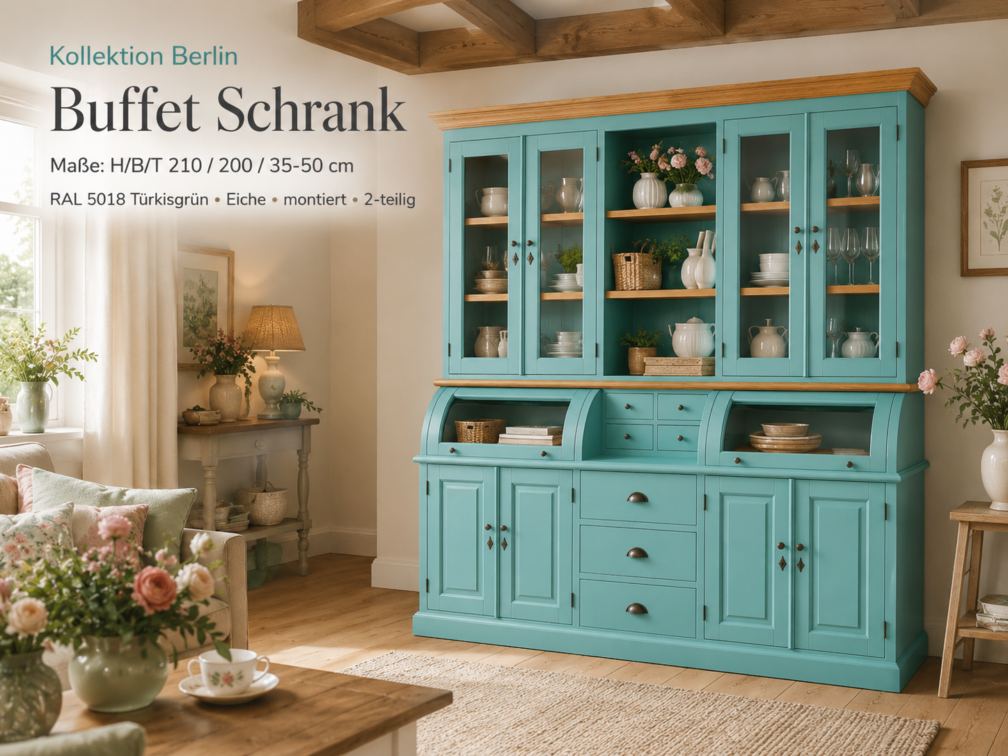 Buffet Schrank Berlin 200 cm türkisblau mit Eiche