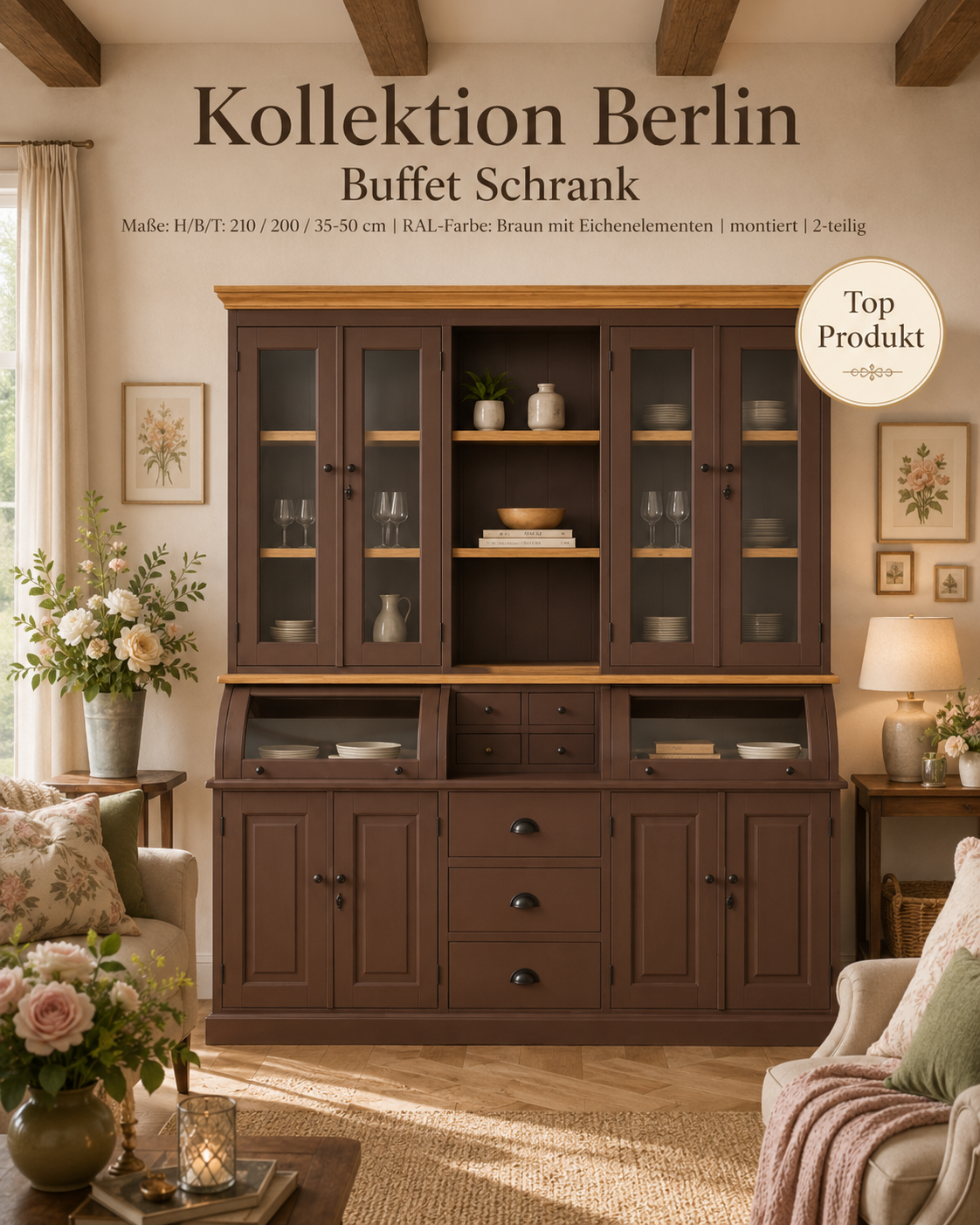 Buffet Schrank Berlin 200 cm Kastanienbraun mit Eiche- Landhaus Möbel