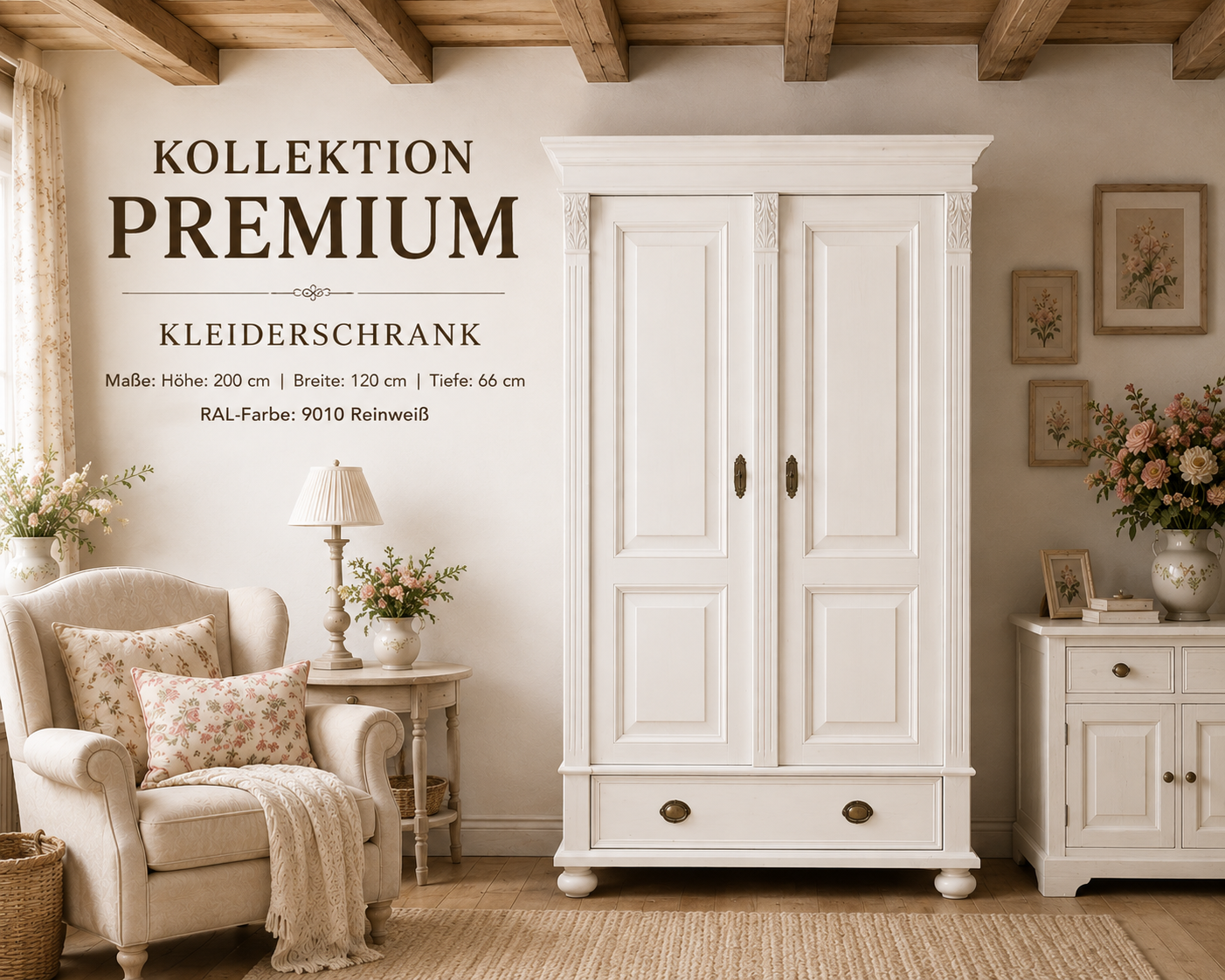 Premium 2-türiger Kleiderschrank weiss– Weichholz, Landhausstil 120 cm