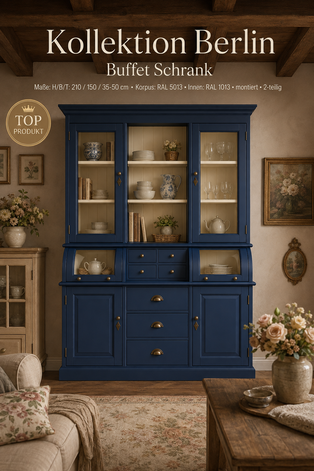 Buffet Schrank Berlin Kobaltblau 150 cm im Landhausstil