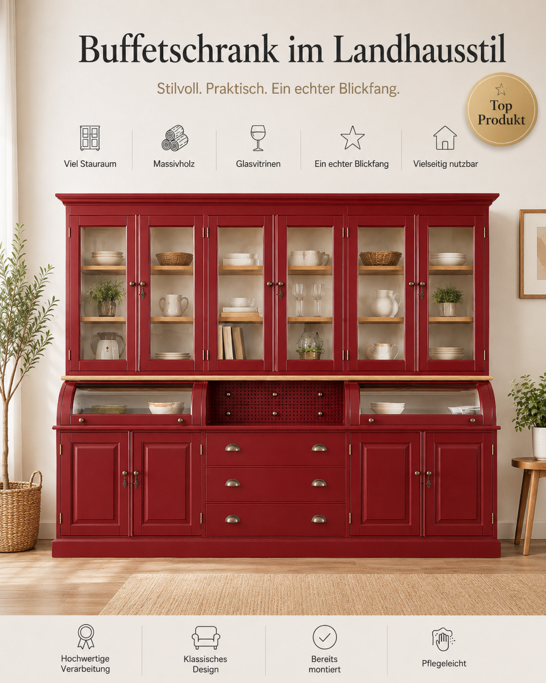 Buffetschrank Berlin 300 cm Rubinrot im Landhausstil mit Eichenelementen