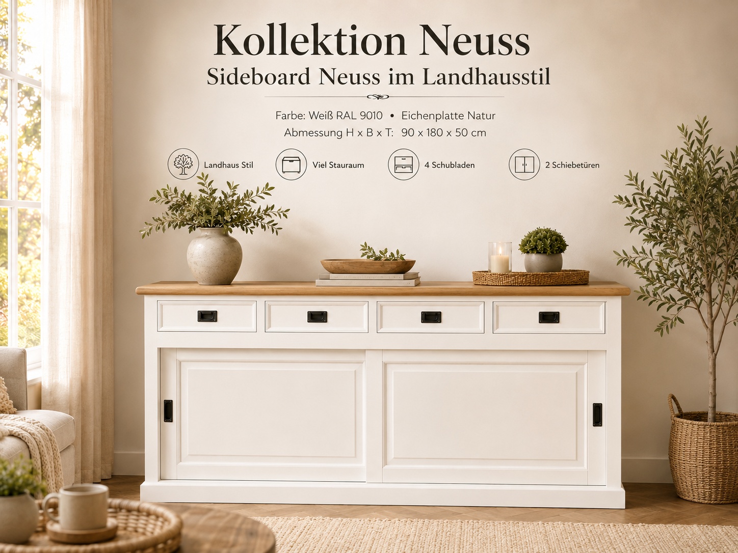 Sideboard Neuss weiss/eiche 180 cm mit Schiebetüren im Landhaus Stil