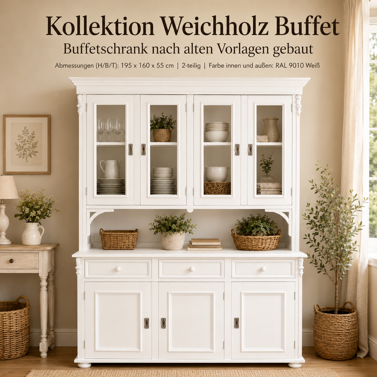 Buffetschrank Landhaus weiß 160 cm aus massivem Weichholz Vitrinenschrank