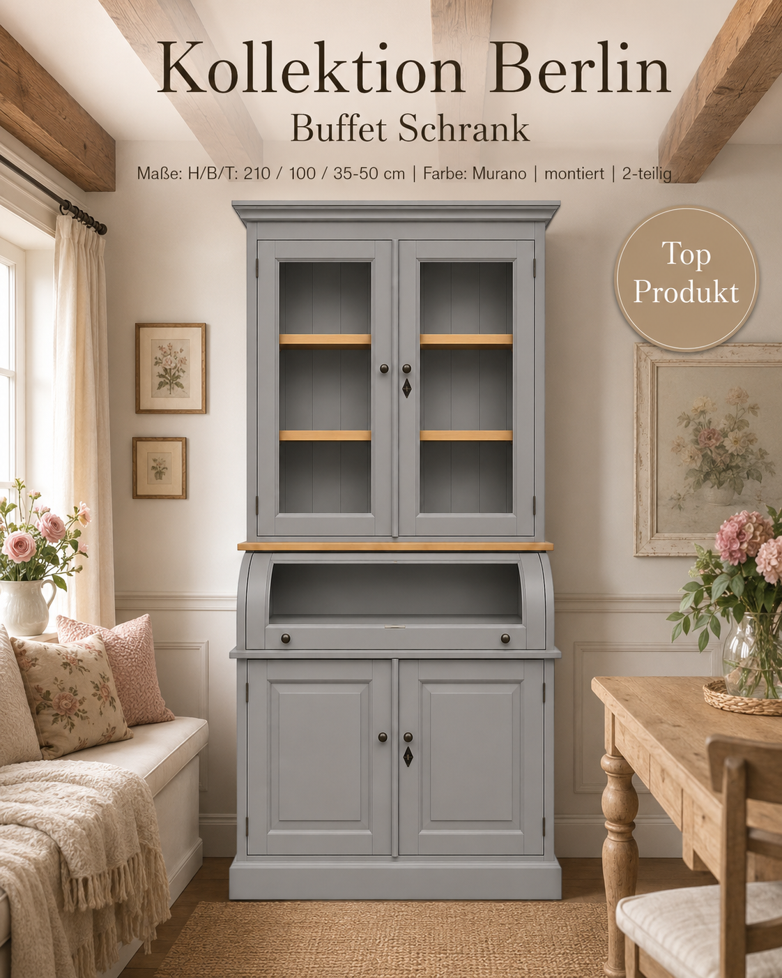 Buffet Schrank Berlin 100 cm Murano mit Eiche Landhaus- Stil