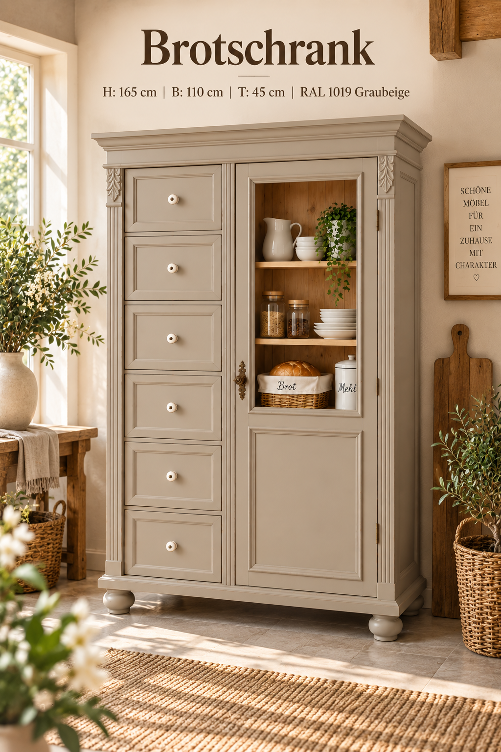 Premium Brotschrank Landhaus, Massivholz Graubeige  – Glastür & 6 Schubladen