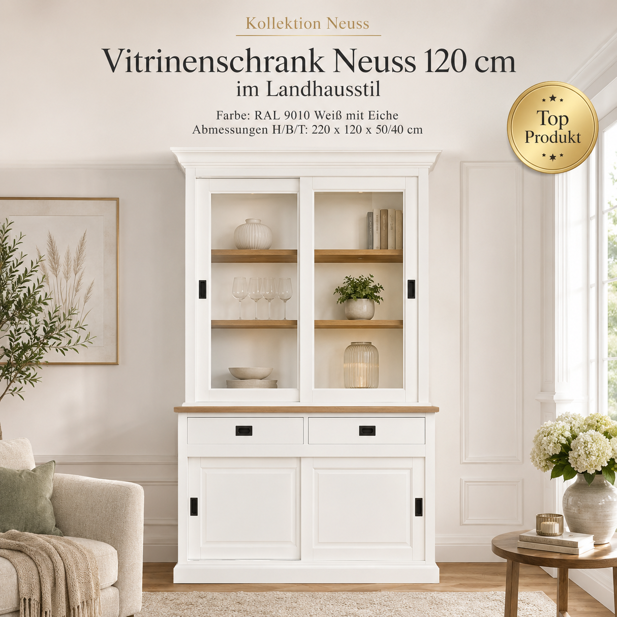 Vitrinen Schrank Neuss 120 cm weiß/eiche - Buffet Schrank mit Schiebetüren