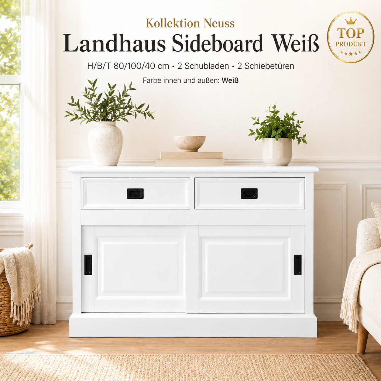 TV Board Neuss 100 cm weiß - Lowboard mit Schiebetüren