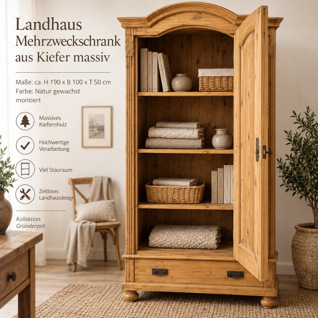 Landhaus Mehrzweckschrank aus Kiefer massiv – Natur gewachst – Massivholz Dielenschrank mit Einlegeböden