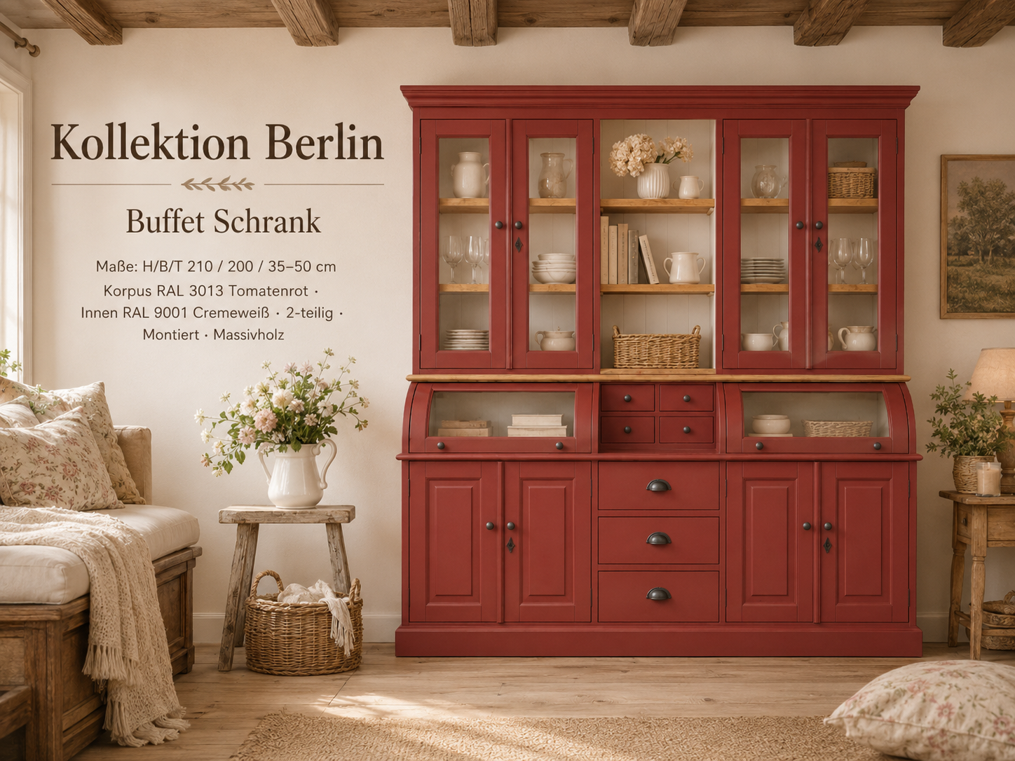Buffet Schrank Berlin 200 cm Rot mit Eiche- Landhaus Möbel