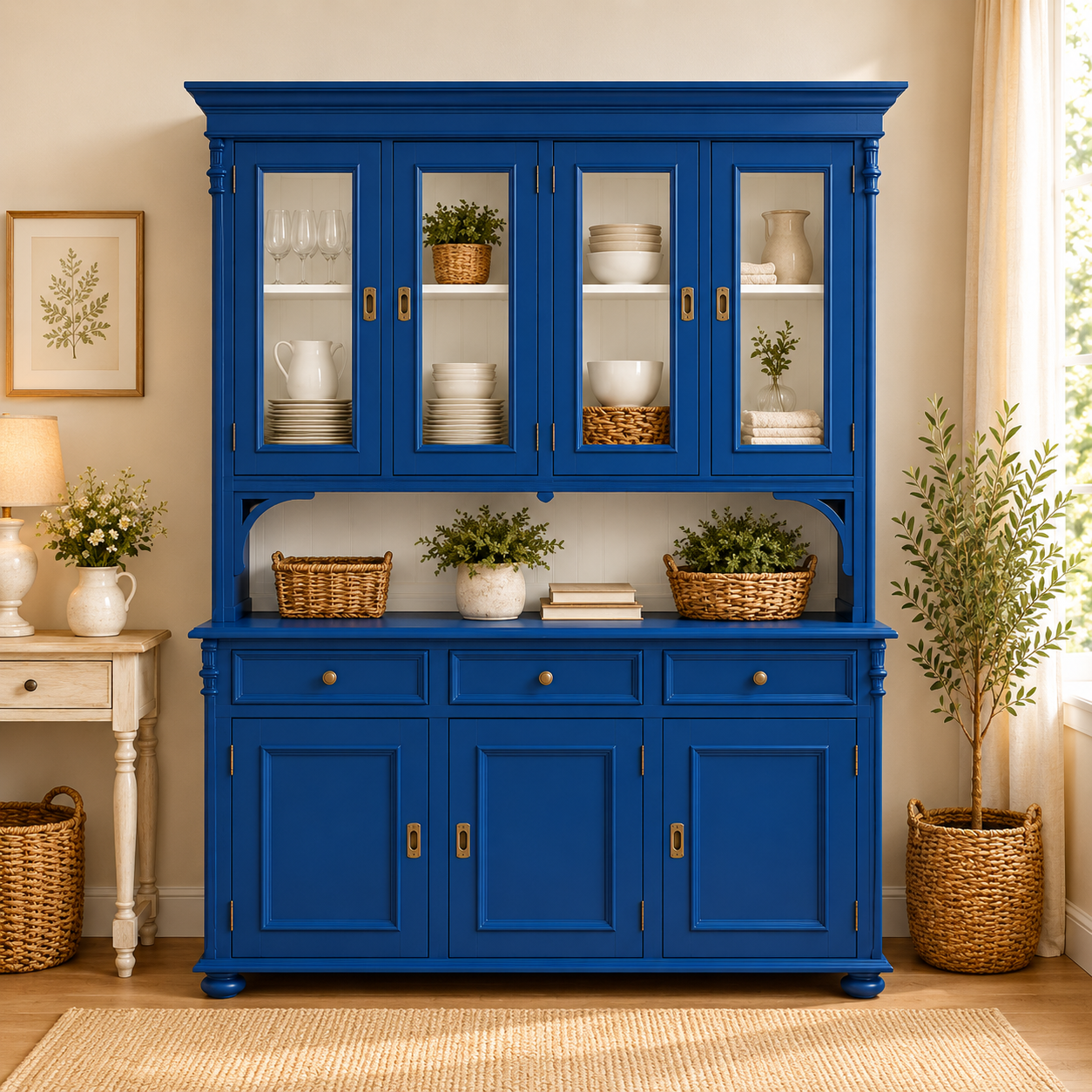 Buffetschrank Landhaus Blau/weiß 160 cm aus massivem Weichholz Vitrinenschrank