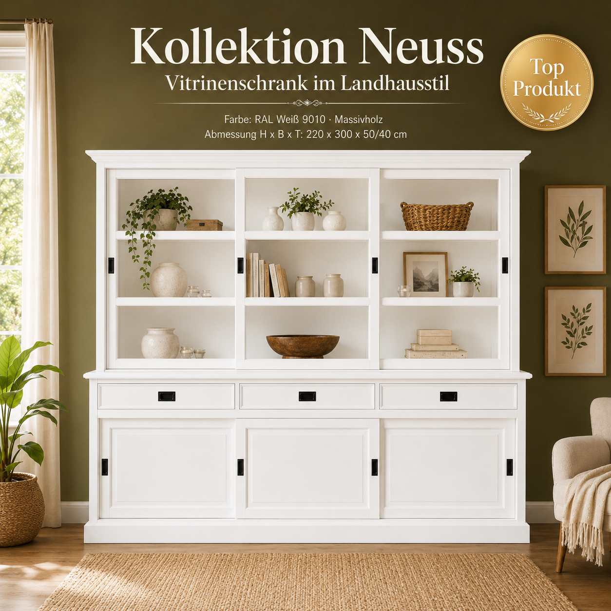 Vitrinenschrank Neuss 300 cm weiß, Vitrine