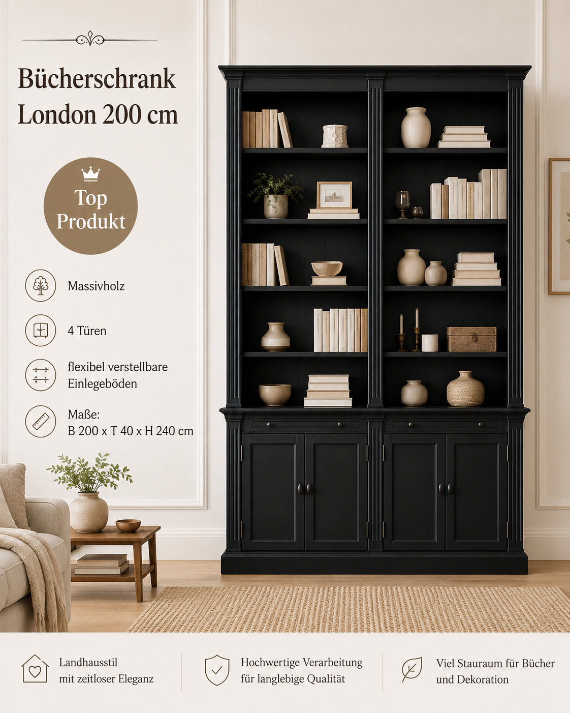 Bücherschrank London 200cm - 2-teiliges Bücherregal im Landhausstil Schwarz