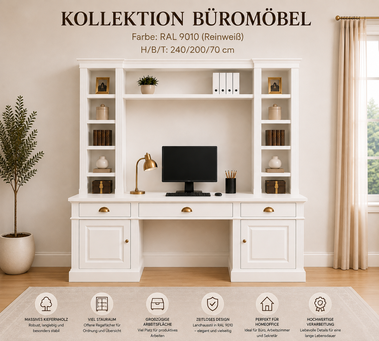 Landhaus Schreibtisch mit Regalaufsatz aus Kiefernholz – RAL 9010 Weiß – 200 cm breit