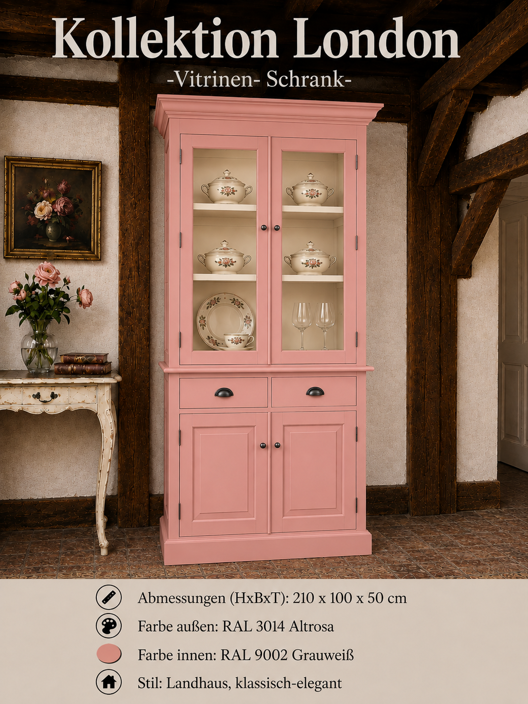 Vitrinen Schrank London Altrosa/ Grauweiß – Landhausstil, 2 Schubladen, 100 breit