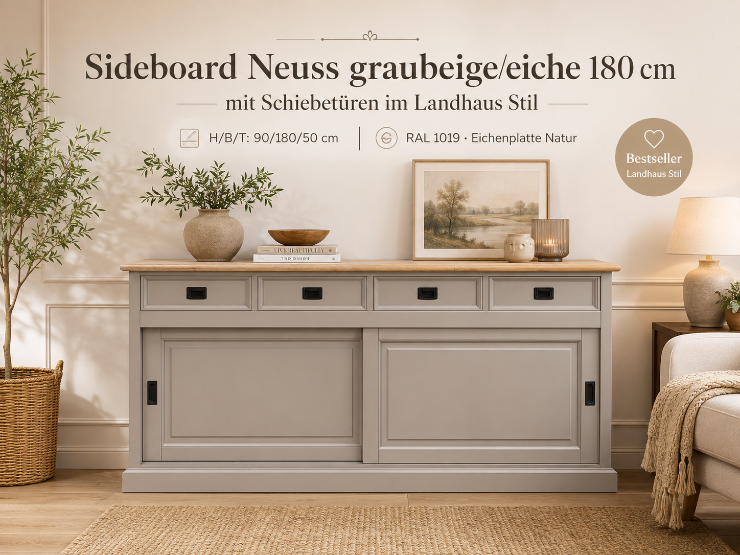Sideboard Neuss graubeige/eiche 180 cm mit Schiebetüren im Landhaus Stil