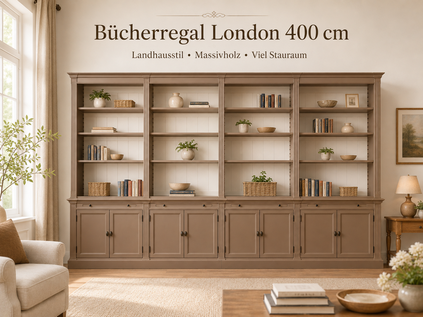 Bücherschrank London 400 cm - mehrteilig Bücherregal im Landhausstil  Blassbrau