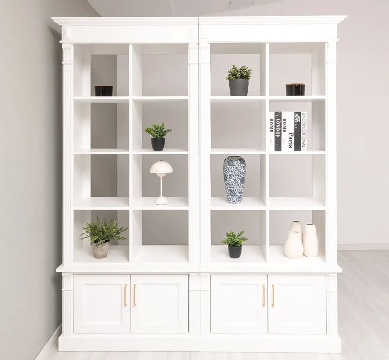 Raumteiler Bücherregal Weiß aus Kiefernholz – 220 cm mit 8 Türen