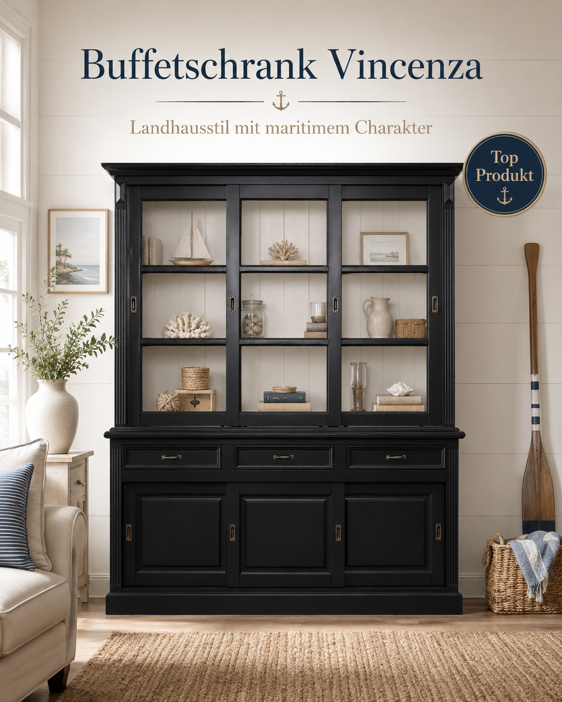 Vitrinen Schrank Vincenza 180 cm mit Schiebetüren