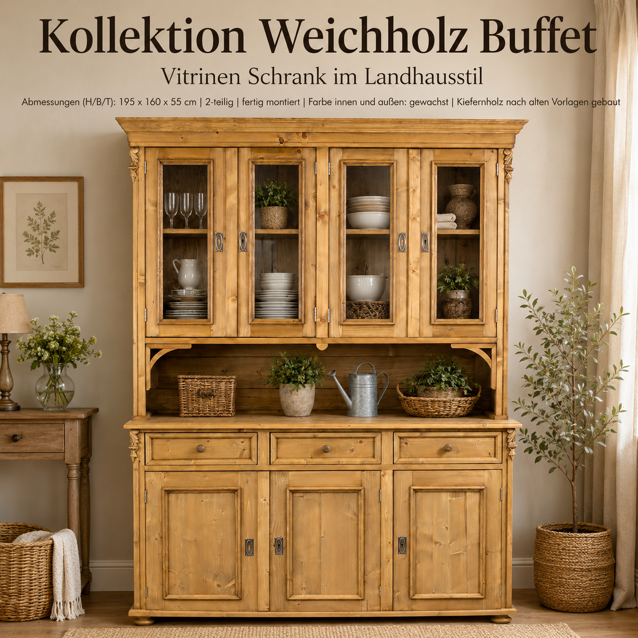Buffetschrank Landhaus gewachst 160 cm aus massivem Weichholz Vitrinenschrank