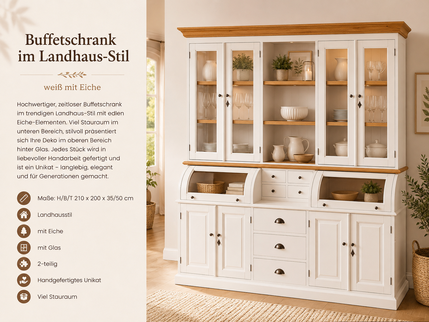 Buffet Schrank Berlin 200 cm weiss mit Eiche