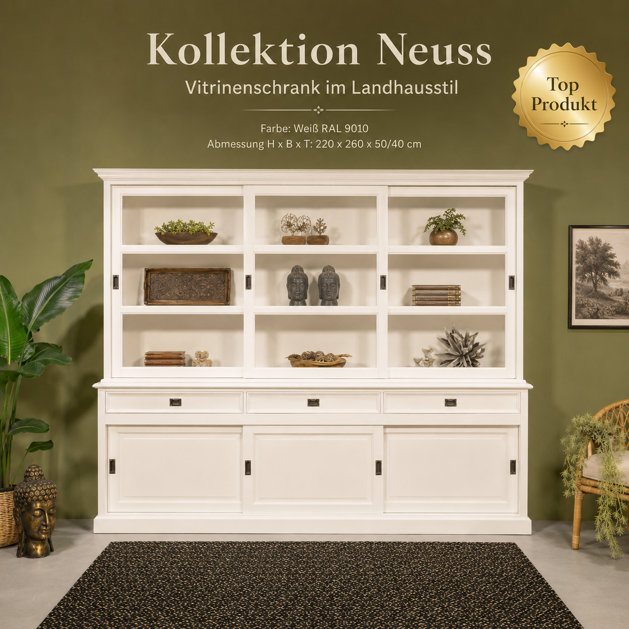 Vitrinen Schrank Neuss 260 cm im Landhaus Stil
