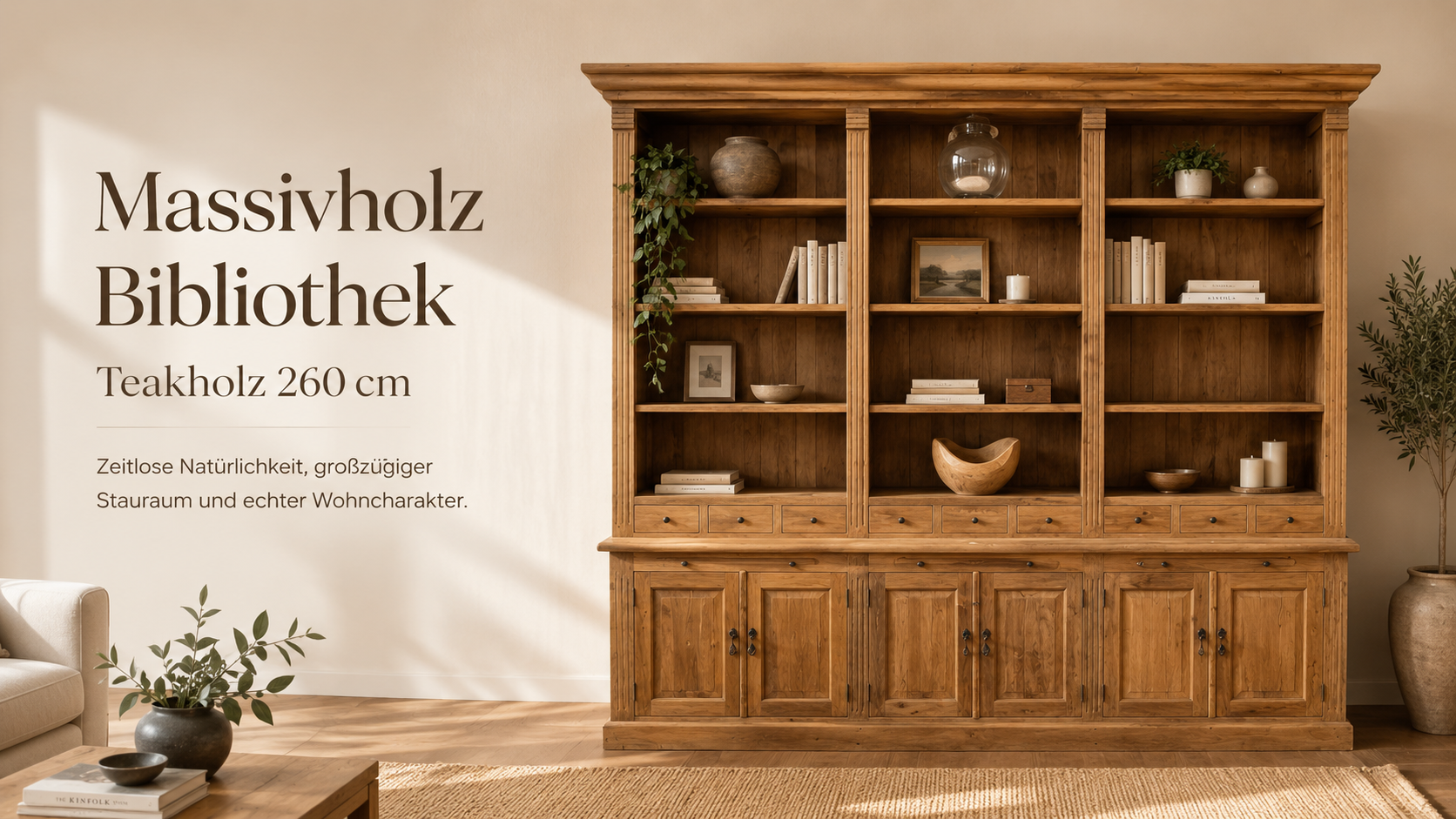 Massive Bücherwand aus Teakholz 260 cm – große Regalwand mit Türen, Schubladen & verstellbaren Regalböden