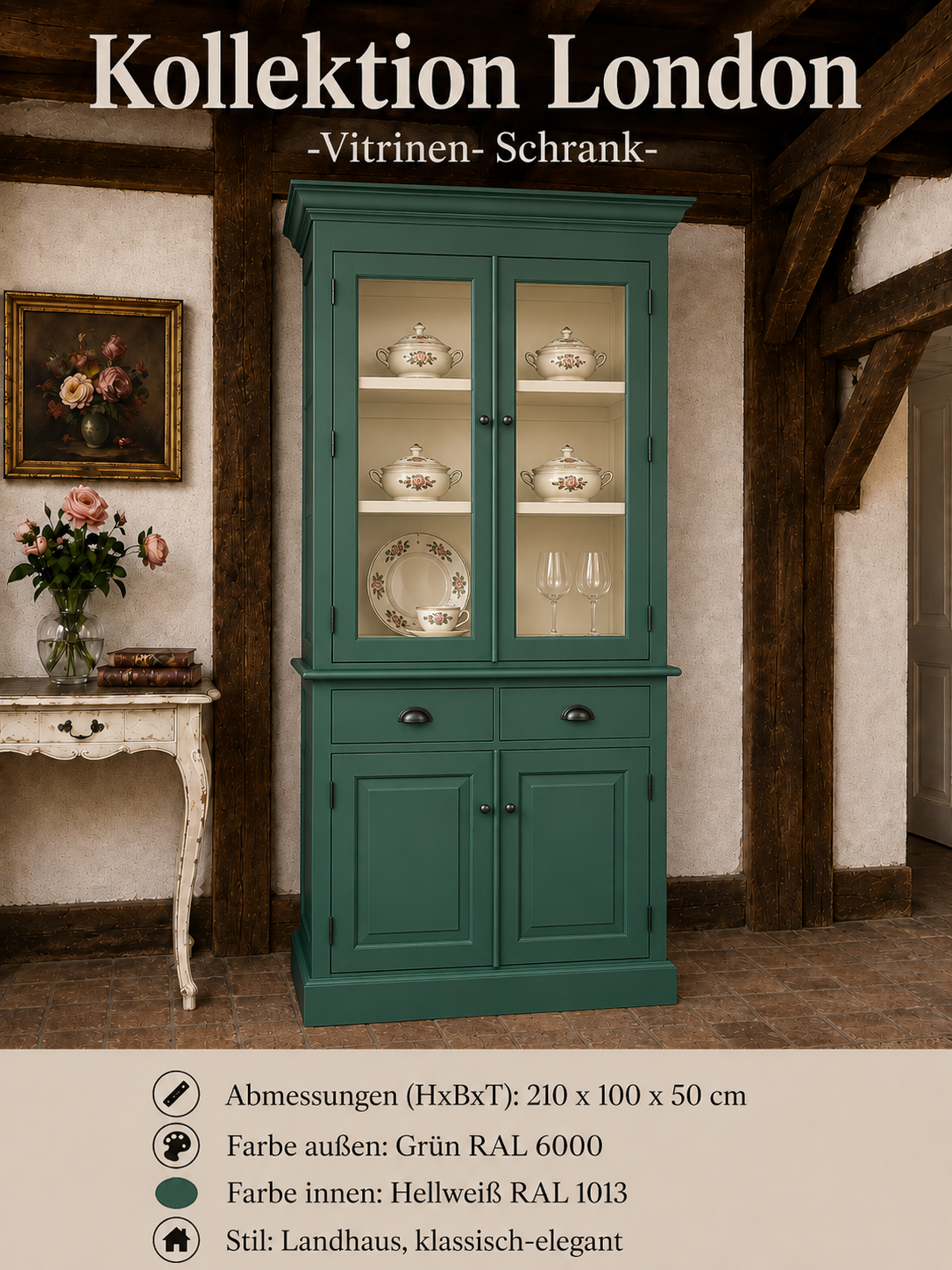 Vitrinen Schrank London grün / Hellweiß – Landhausstil, 2 Schubladen, 100 breit