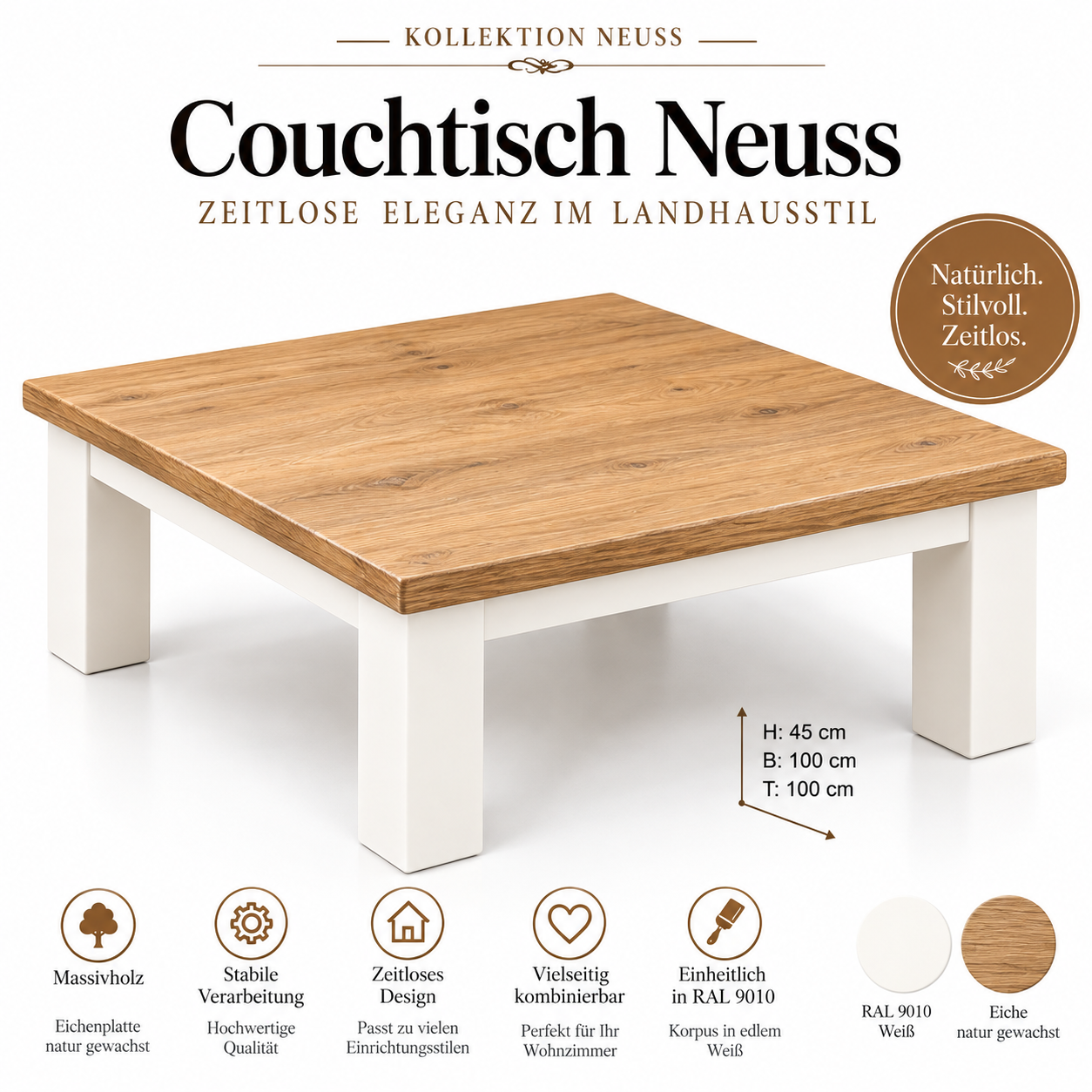 Couchtisch Neuss 100 × 100 cm – Massivholz Landhausstil – RAL 9010 Weiß mit Eichenplatte natur gewachst
