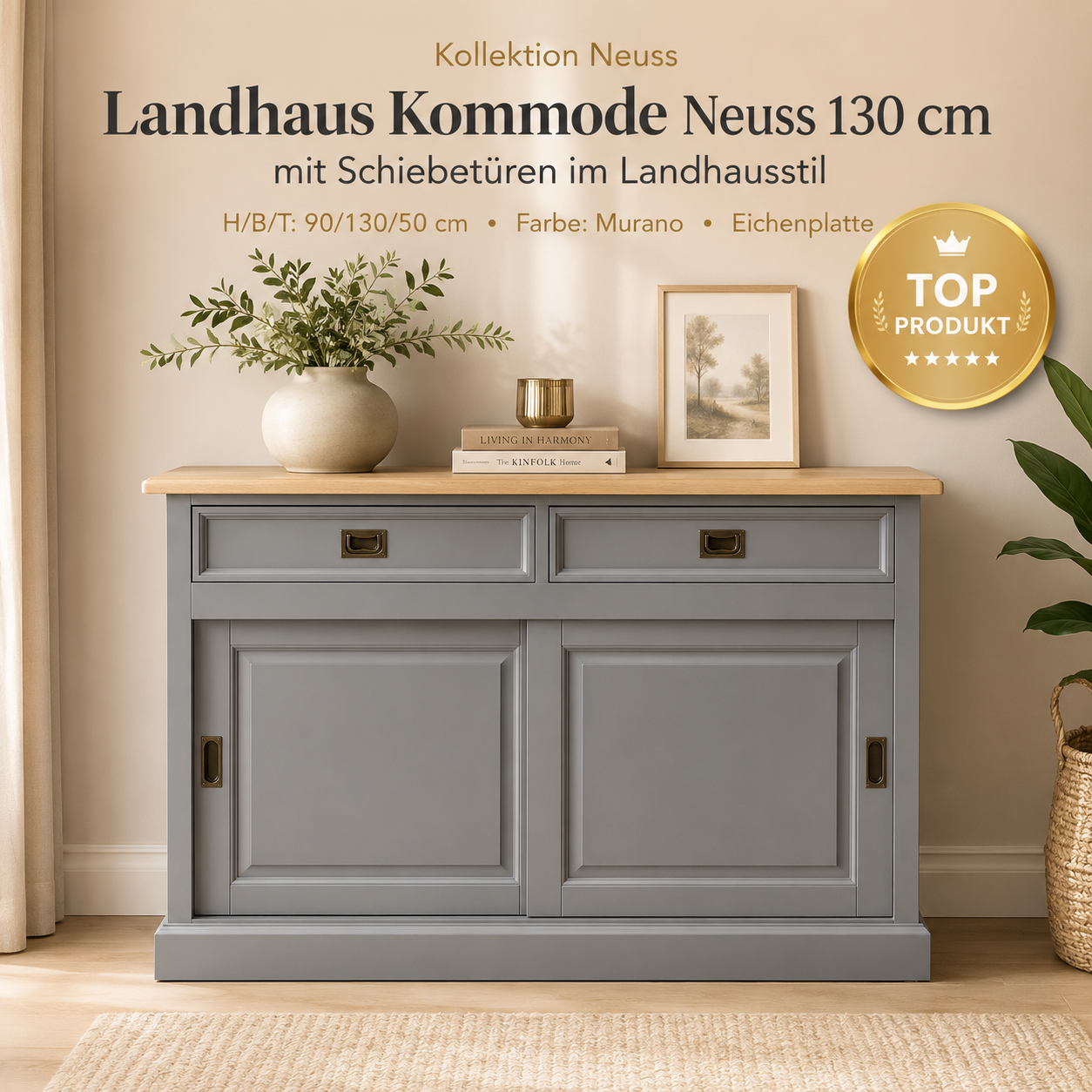 Sideboard Neuss 130 cm Murano/Eiche - Anrichte Landhaus Kommode mit Schiebetüren