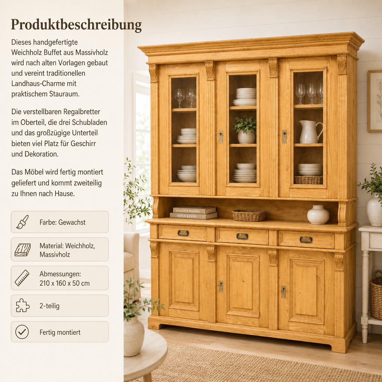 Landhaus Küchenschrank Massivholz Buffet Schrank