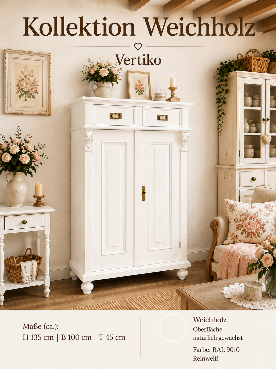 Premium Jugendstil Vertiko aus Weichholz – 100 cm weiß, Landhaus-Stil
