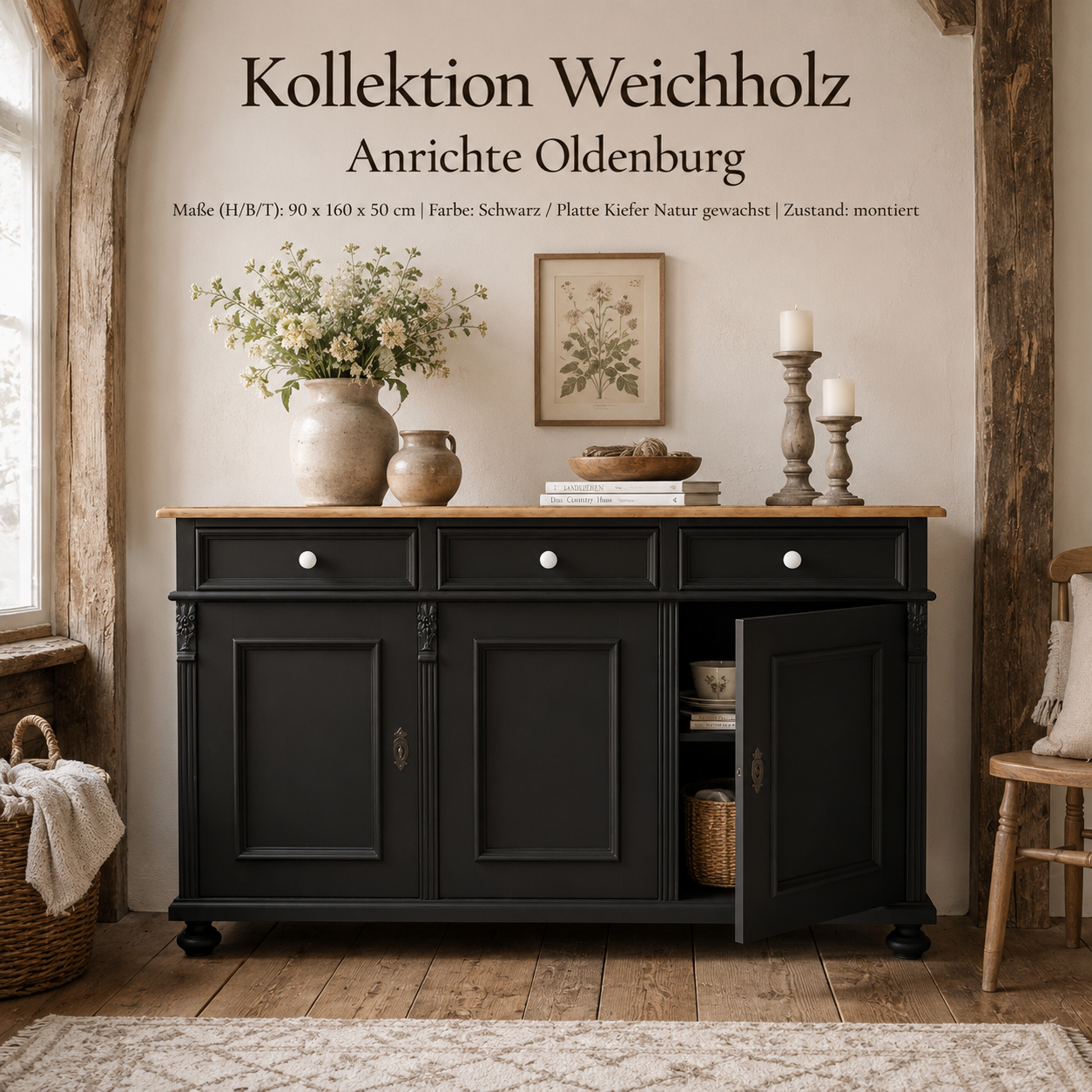 Landhaus Anrichte Oldenburg Weichholz 160 cm Sideboard Kommode Schwarz