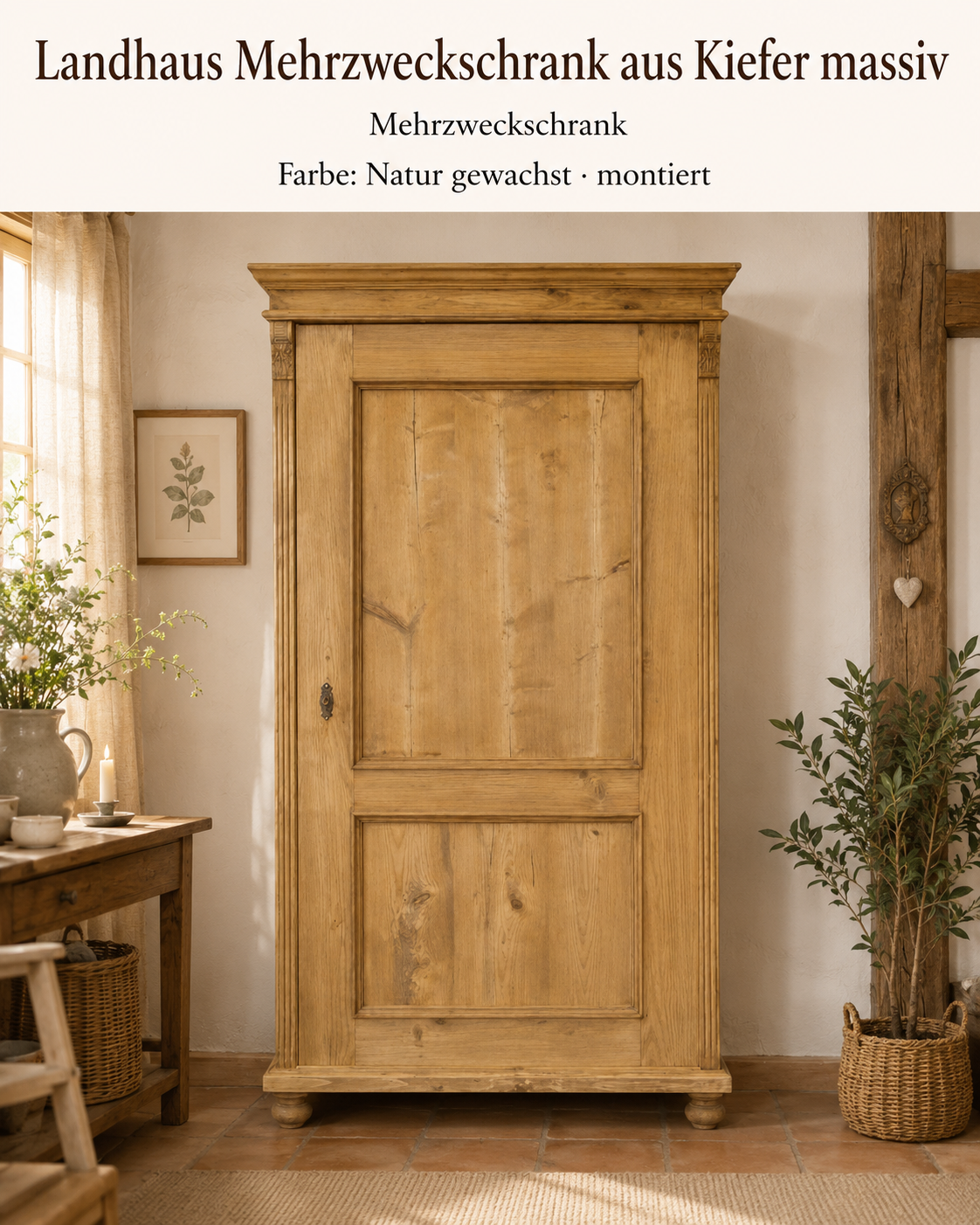 Gründerzeit Landhaus Mehrzweckschrank aus Kiefer massiv – Natur gewachst – Massivholz Dielenschrank mit verstellbaren Einlegebödenrzeit Schrank aus Weichholz