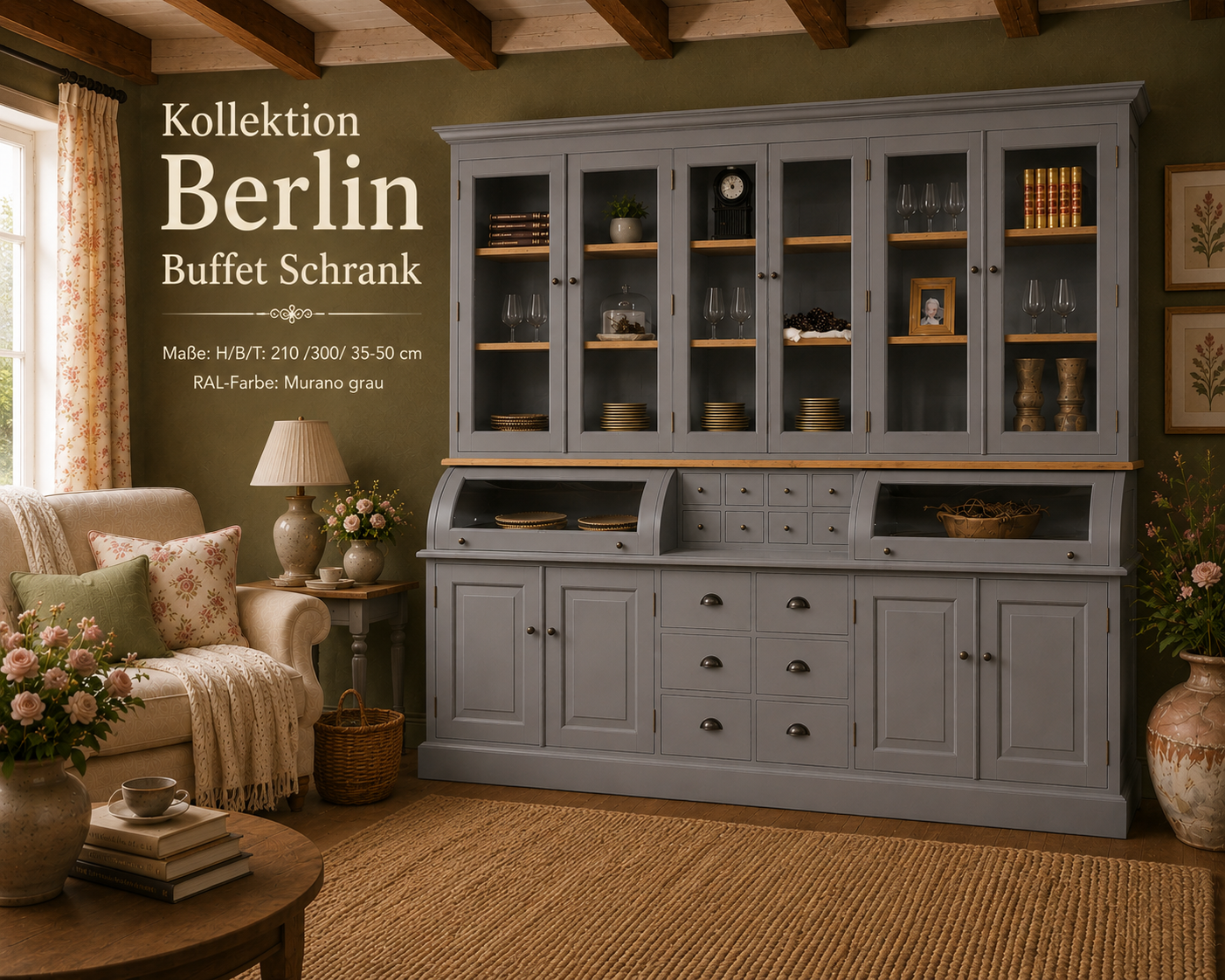 Buffetschrank Berlin 300 cm im Landhausstil Murano mit Eichenelementen