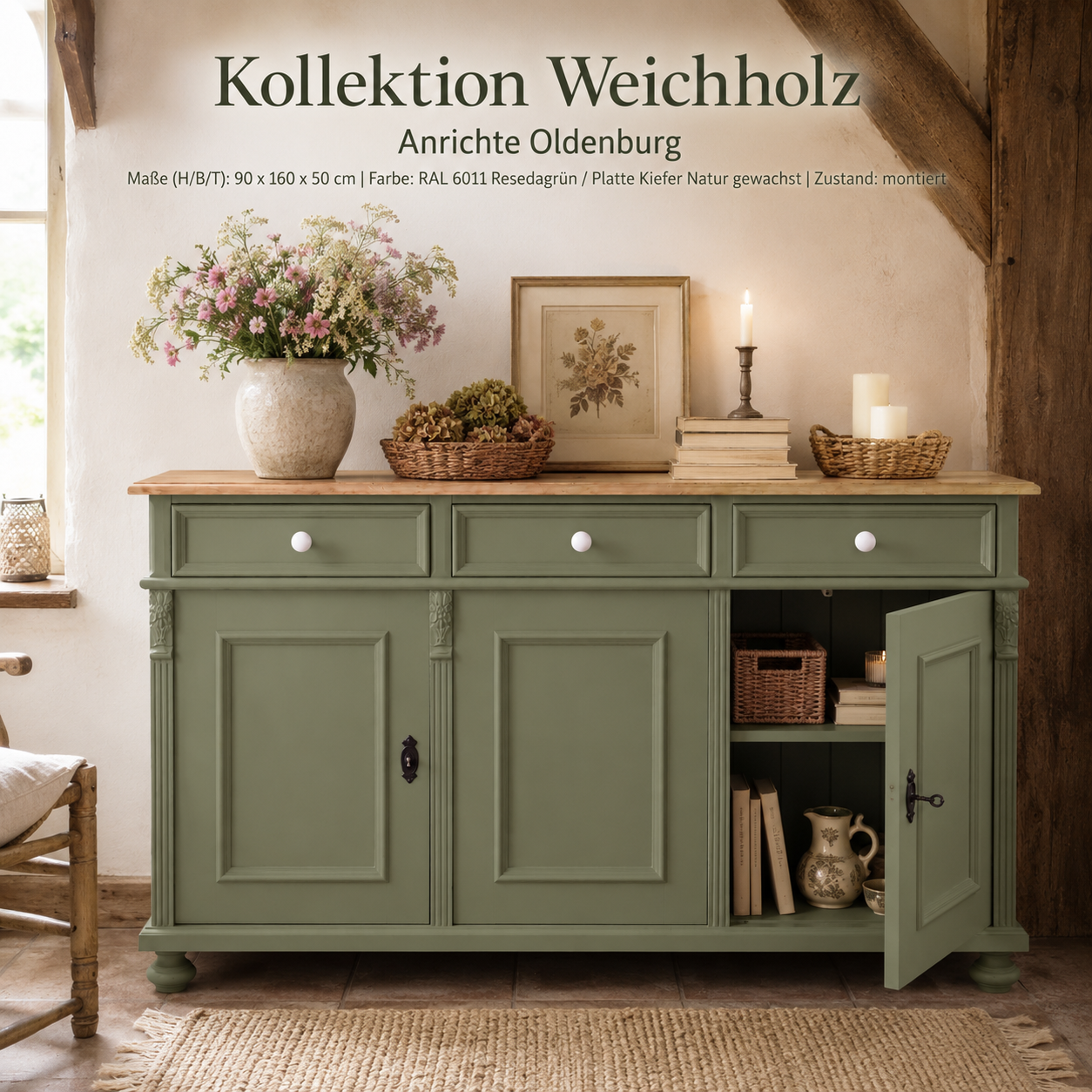 Landhaus Anrichte Oldenburg Weichholz 160 cm Sideboard Kommode Resedagrün