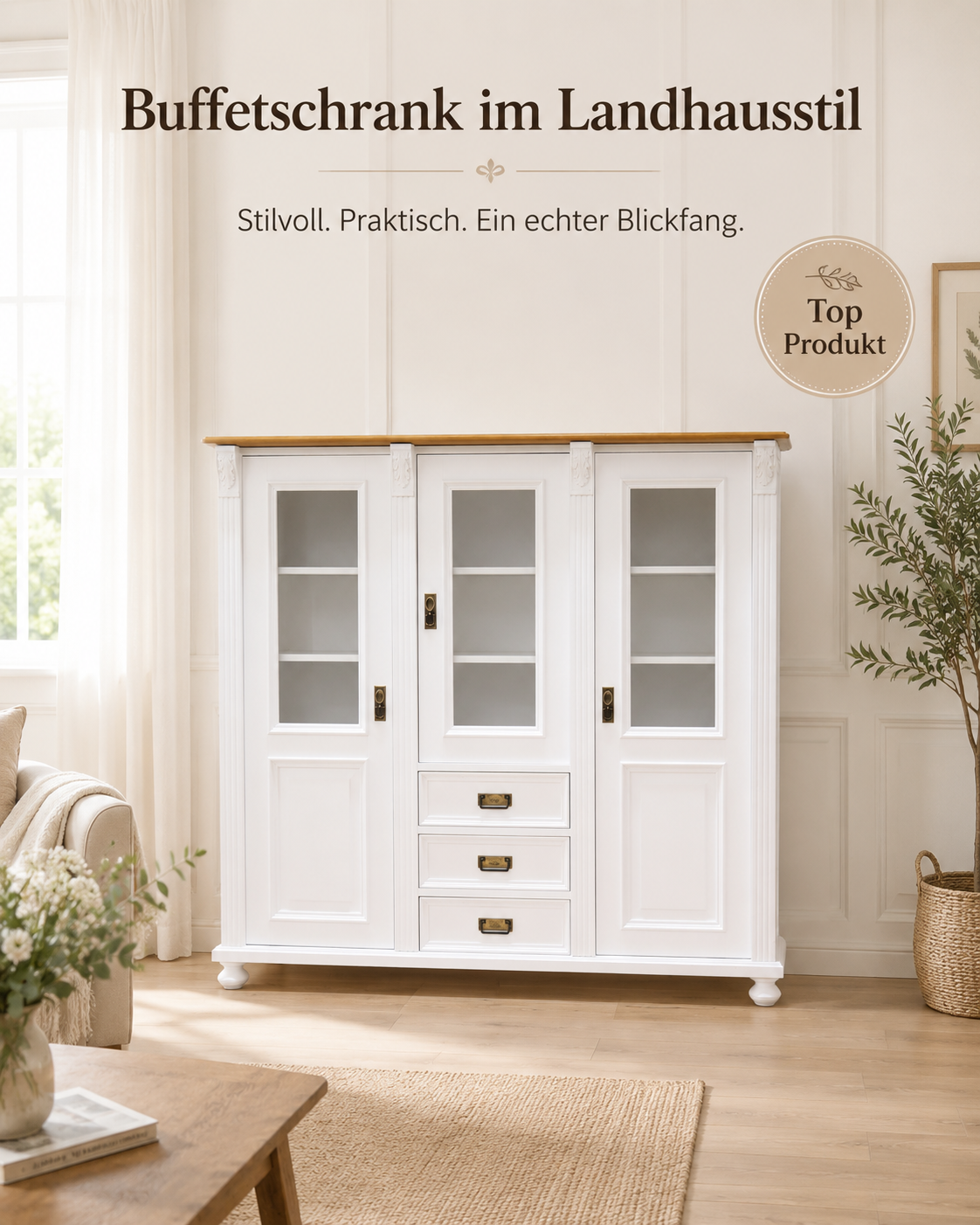 Premium Jugendstil Vitrine aus Weichholz – Landhaus-Stil, Weiß lackiert, handgefertigt