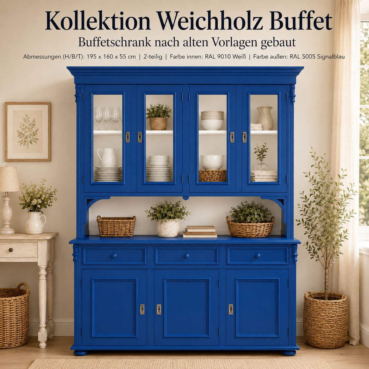 Buffetschrank Landhaus Blau/weiß 160 cm aus massivem Weichholz Vitrinenschrank