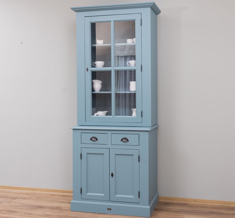 Landhaus Küchenschrank Vitrine mit 2 Türen, 2 Schubladen und 1 Glastür