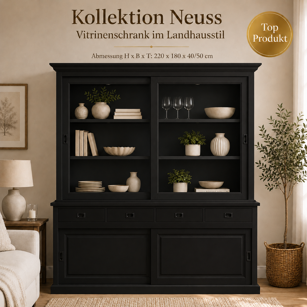 Vitrinen Schrank Neuss 180 cm schwarz - Vitrine mit Schiebetüren