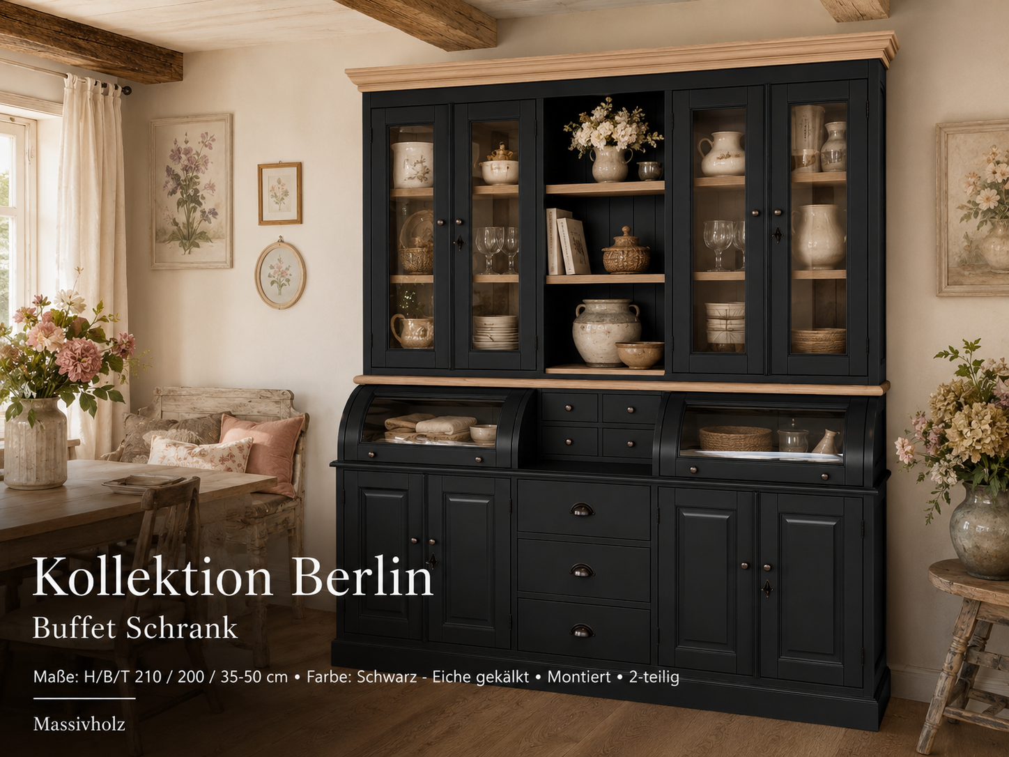 Buffet Schrank Berlin 200 cm schwarz/eiche - Landhaus Möbel