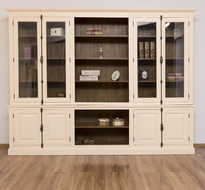 Französischer Landhausstil - Glasvitrine 300 cm Bücherwand Massivholz