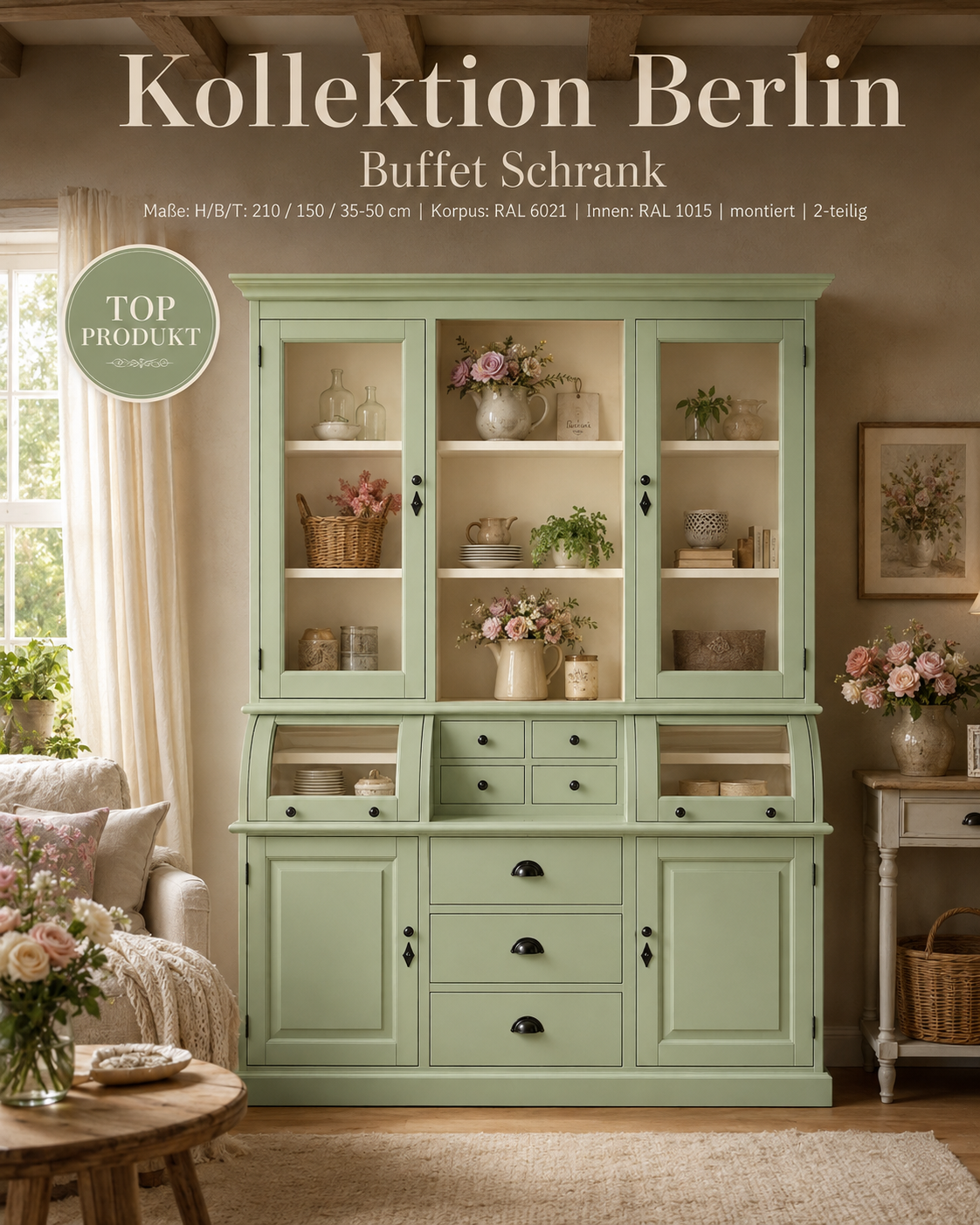Buffet Schrank Berlin Blassgrün 150 cm im Landhausstil Kopie