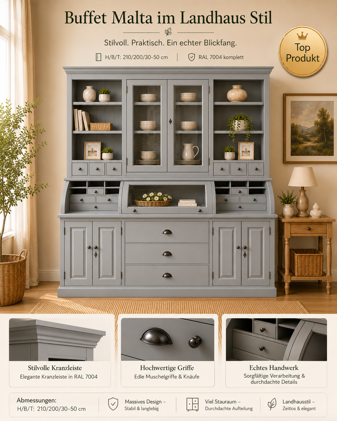Landhaus Buffet Schrank Malta Ladenschrank signalgrau 200 cm
