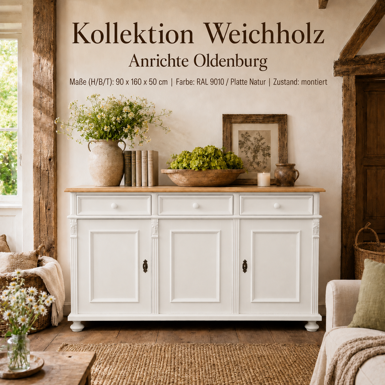 Landhaus Anrichte Oldenburg Weichholz 160 cm Sideboard Kommode weiß