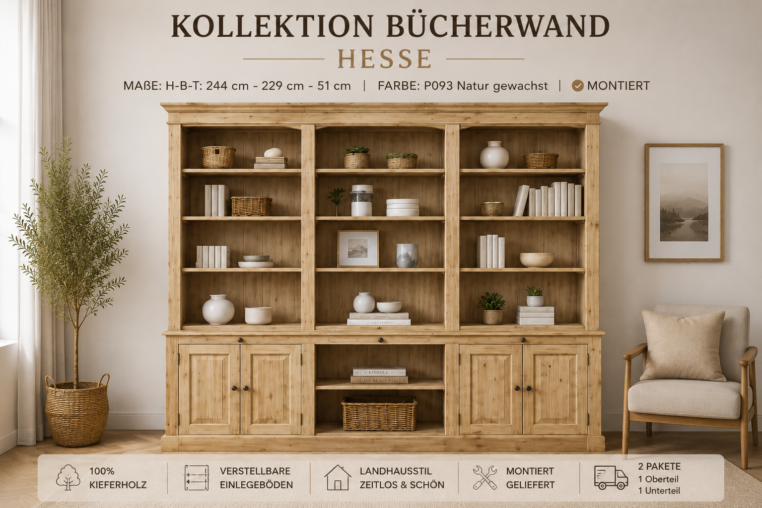 Landhaus Bücherregal Hesse aus massivem Kiefernholz – individuell gestaltbar