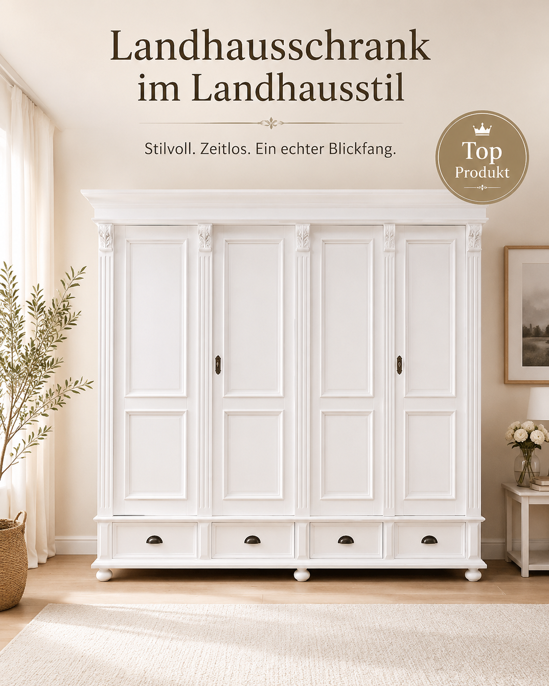 Premium Landhaus Schrank 4 Türig Massivholz zerlegbar Kleiderschrank