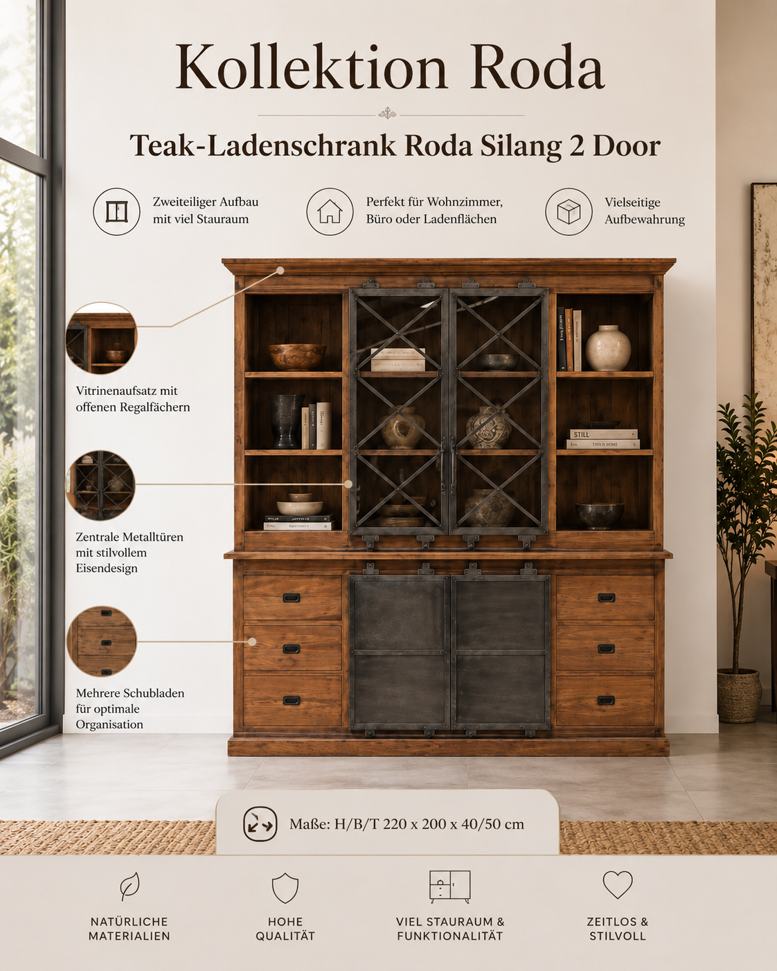 Teak Ladenschrank Roda Silang 2 Tür – Massivholz trifft Industriestil