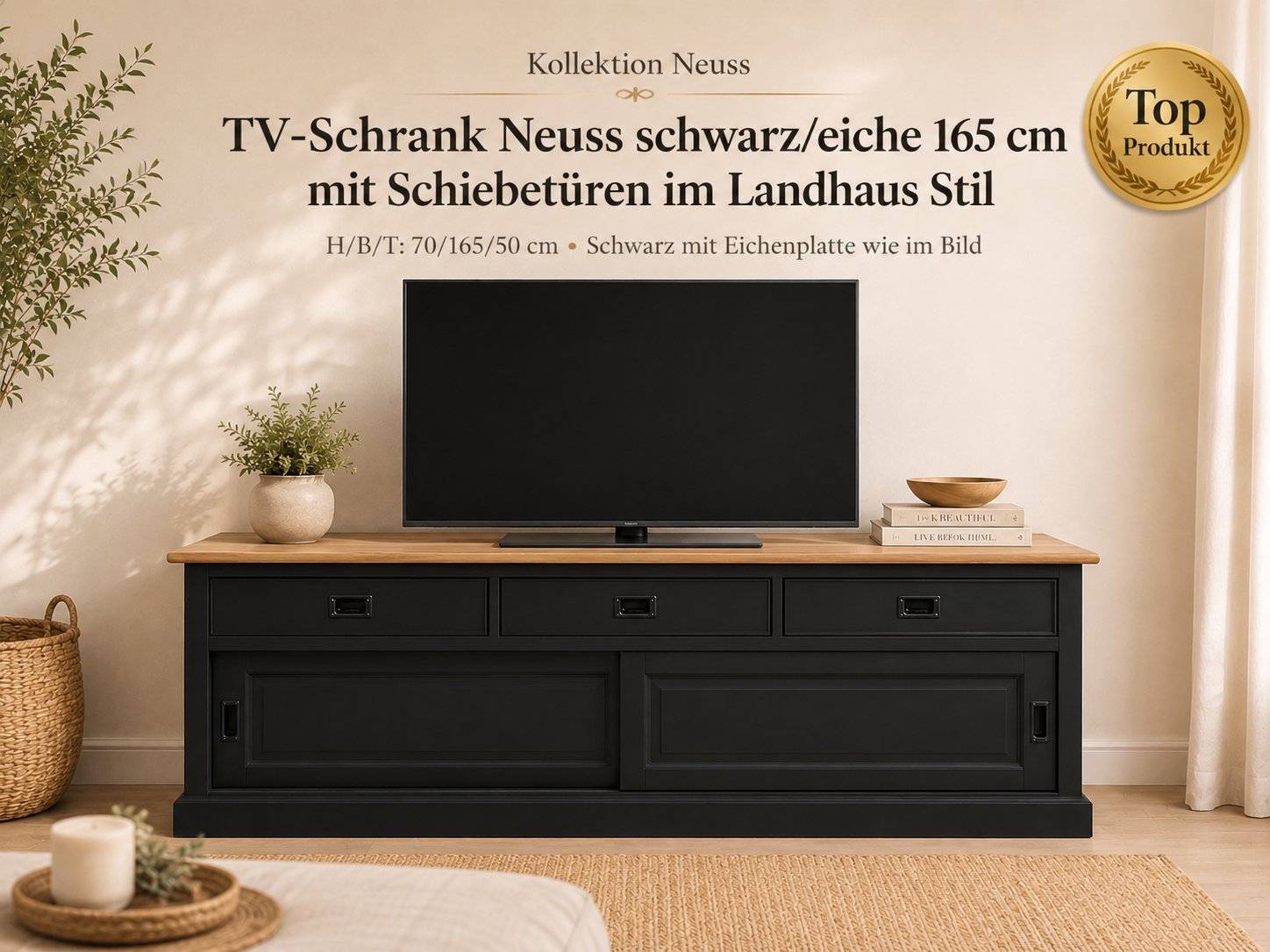 TV Board Neuss 165 cm schwarz/eiche - Lowboard mit Schiebetüren