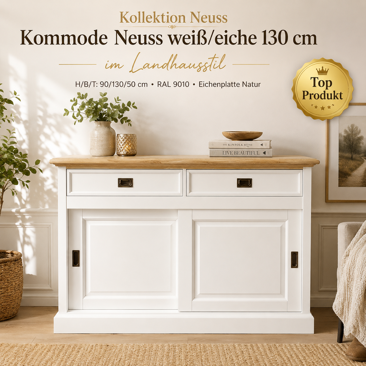Sideboard Neuss 130 cm weiß/Eiche - Anrichte Landhaus Kommode mit Schiebetüren
